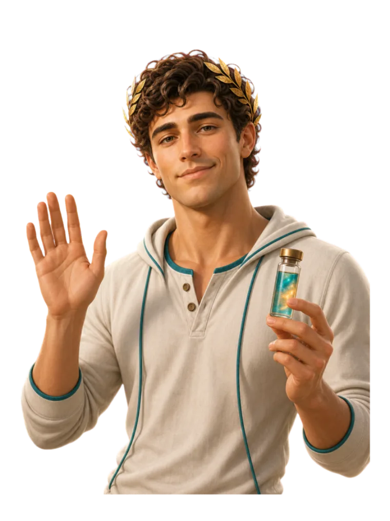 Sero, the Seralog mascot — a calm, classical figure holding a serum vial.