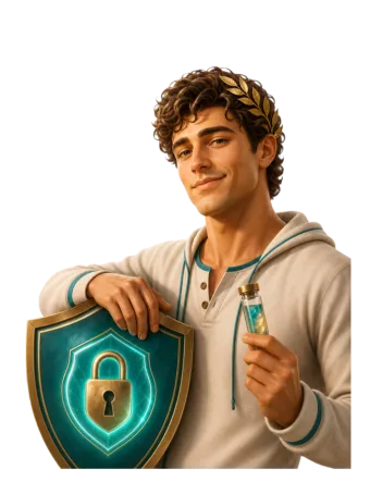Sero holding a shield and a serum vial — your data is private and on-device.
