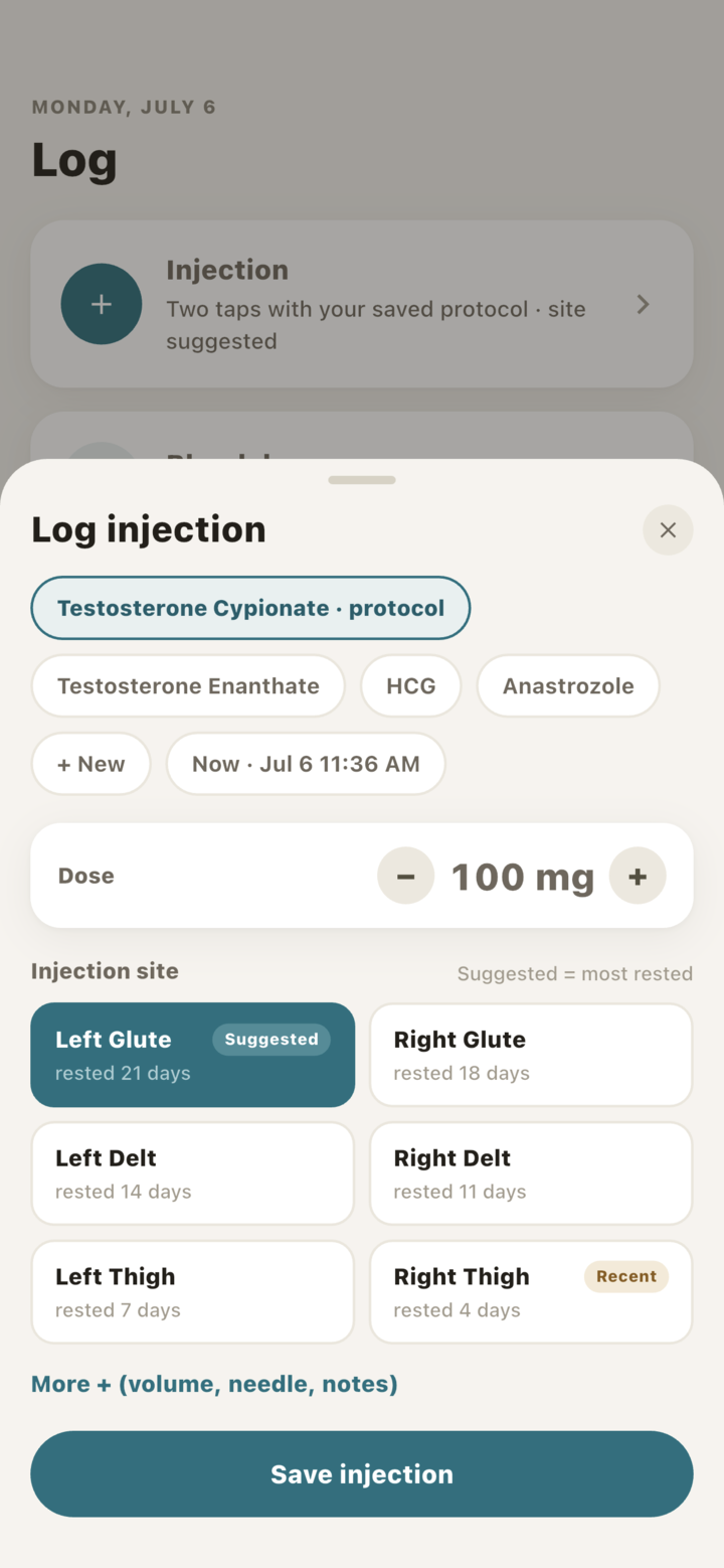 Seralog injection sheet: a dose stepper and a six-site rotation grid showing which site is most rested.